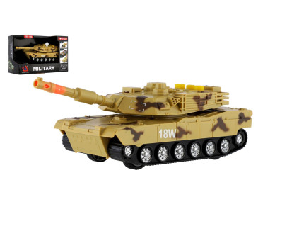 Tank 17cm na volný chod na baterie se světlem se zvukem hnědý v krabici 19x12,5x8cm