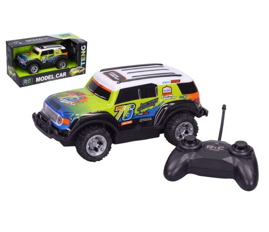 Auto terénní RC 19,5cm 27MHz na dobíjecí pack + baterie se světlem v krabici 26x12,5x12cm