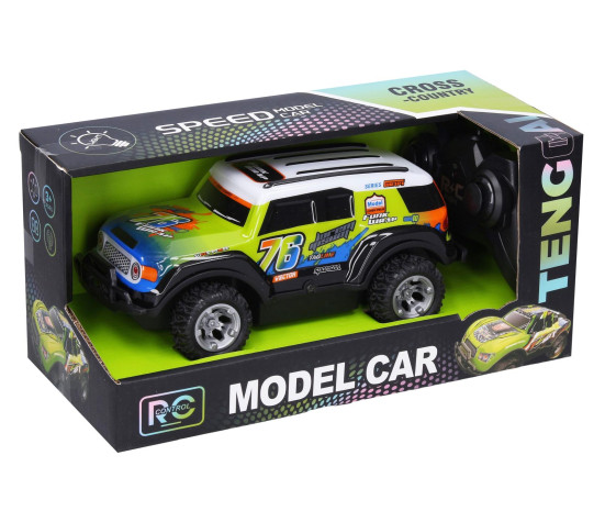 Auto terénní RC 19,5cm 27MHz na dobíjecí pack + baterie se světlem v krabici 26x12,5x12cm
