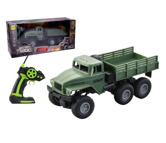 Auto RC vojenské na dálkové ovládání 27MHz 21cm na dob. pack + baterie se světlem v krabici 43x20cm