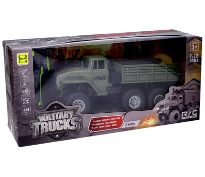 Auto RC vojenské na dálkové ovládání 27MHz 21cm na dob. pack + baterie se světlem v krabici 43x20cm