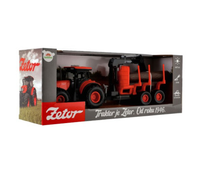 Traktor Zetor s vlekem s naklád. ramenem plast 36cm na setrvačník na bat. se svět. se zvuk. v krab.