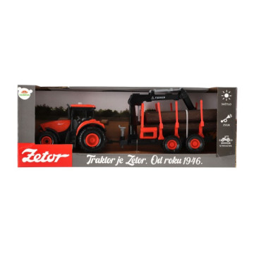 Traktor Zetor s vlekem s naklád. ramenem plast 36cm na setrvačník na bat. se svět. se zvuk. v krab.