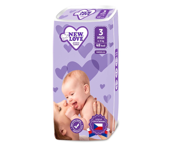 Dětské jednorázové pleny New Love Premium comfort 3 MIDI 4-9 kg 48 ks