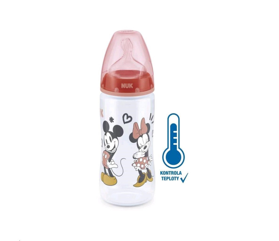 Kojenecká láhev na učení NUK Disney Mickey s kontrolou teploty 300 ml červená