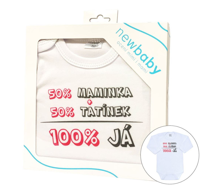 Body s potiskem New Baby 50% MAMINKA + 50% TATÍNEK - 100% JÁ růžové - dárkové balení