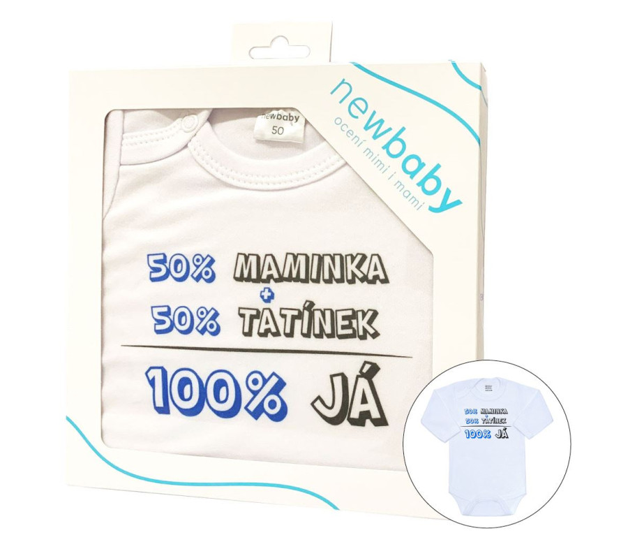 Body s potiskem New Baby 50% MAMINKA + 50% TATÍNEK - 100% JÁ modré - dárkové balení