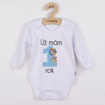 Body s potiskem New Baby Už mám 1 rok modré - dárkové balení