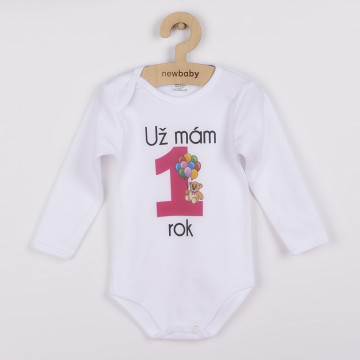 Body s potiskem New Baby Už mám 1 rok růžové - dárkové balení