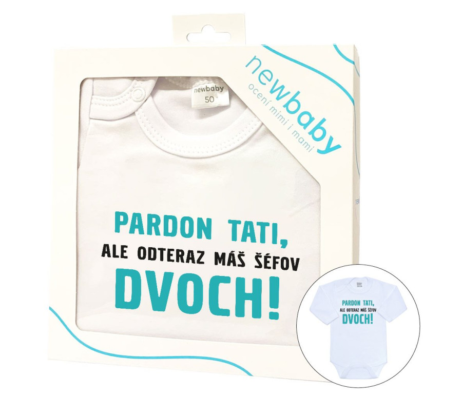 Body s potiskem New Baby Pardon tati,... máš šéfov dvoch! - darčekové balenie Body s potiskem New Baby Pardon tati,... máš šéfov dvoch! - darčekové balenie
