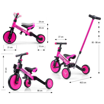 Dětská tříkolka 4v1 Milly Mally Optimus Plus s vodící tyčí pink, Růžová