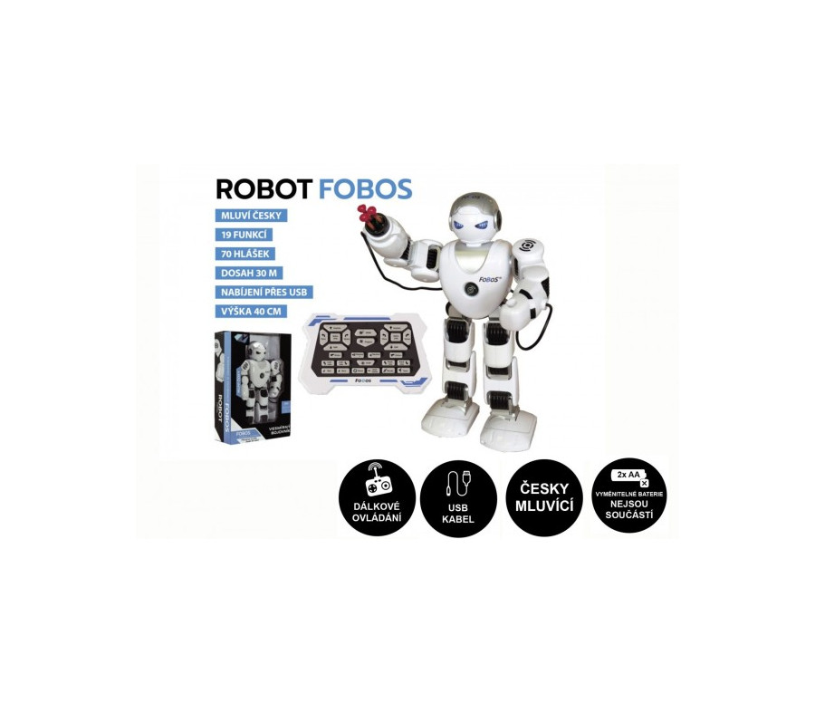 Robot RC FOBOS plast interaktivní chodící 40cm česky mluvící na baterie s USB v krabici 31x45x13cm