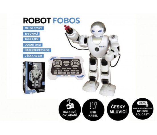 Robot RC FOBOS plast interaktivní chodící 40cm česky mluvící na baterie s USB v krabici 31x45x13cm