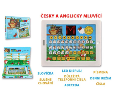 Naučný tablet moudré sovy dvojjazyčný CZ+AJ plast 24x19x2cm na baterie se zvukem v krabici 32x23x3cm