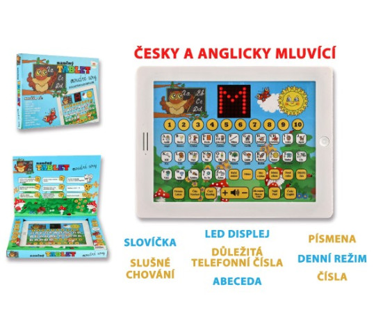 Naučný tablet moudré sovy dvojjazyčný CZ+AJ plast 24x19x2cm na baterie se zvukem v krabici 32x23x3cm