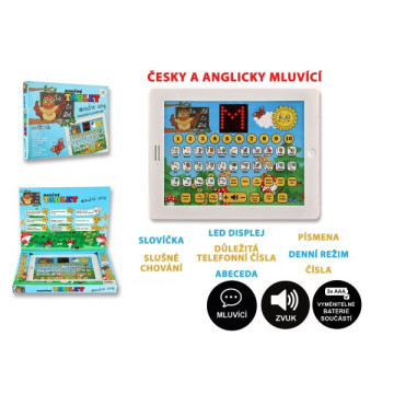 Naučný tablet moudré sovy dvojjazyčný CZ+AJ plast 24x19x2cm na baterie se zvukem v krabici 32x23x3cm