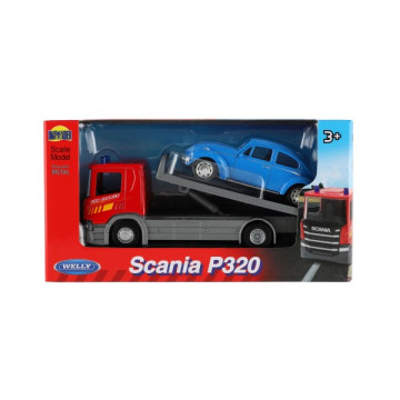 Auto odtahovka Welly Scania P320 + auto kov/plast 15cm mix druhů v krabičce 18,5x10x6cm