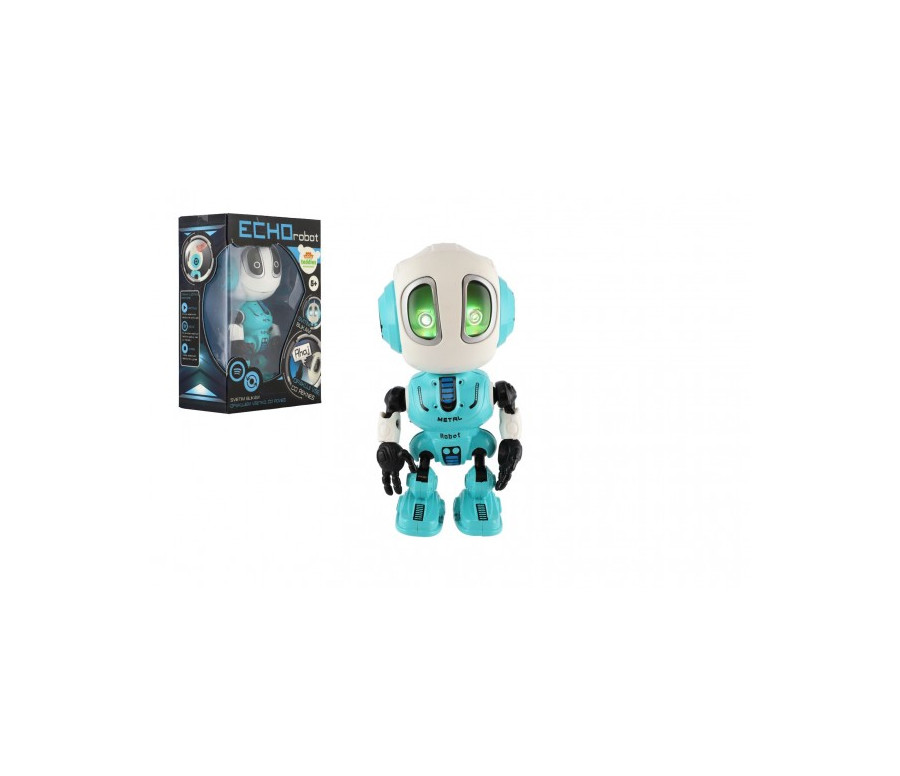 Robot ECHO opakující věty kovový 12cm modrý na baterie se zvukem se světlem v krabičce 10,5x15x5,5cm