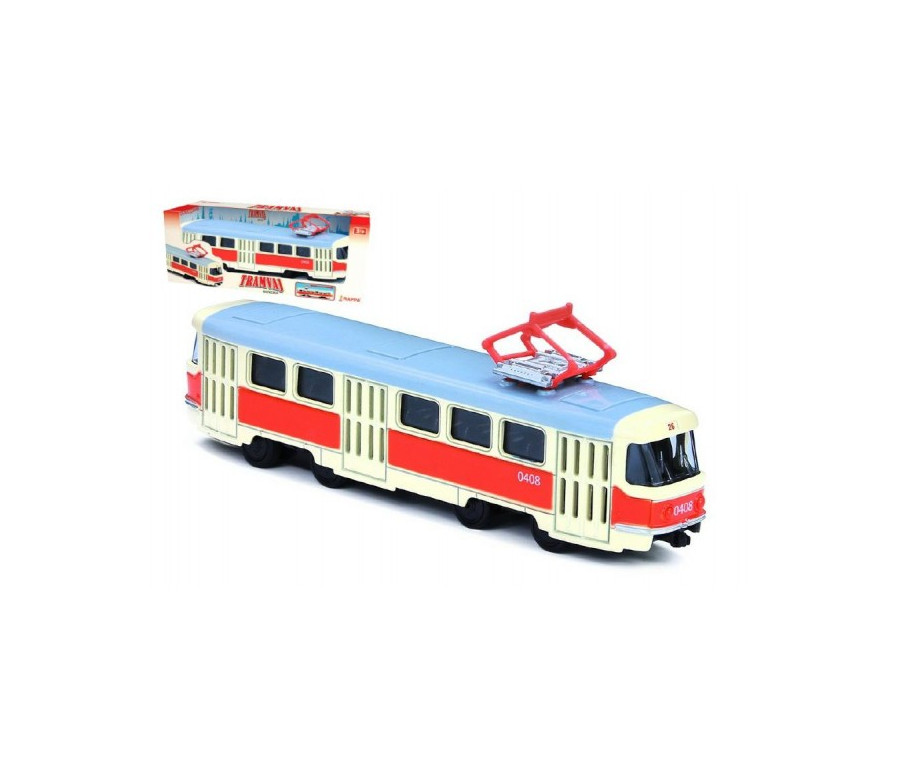 Tramvaj Tatra T3 česká kovová 16cm retro na zpětný chod v krabičce 20x8x6cm CZ design