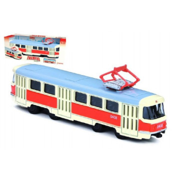 Tramvaj Tatra T3 česká kovová 16cm retro na zpětný chod v krabičce 20x8x6cm CZ design