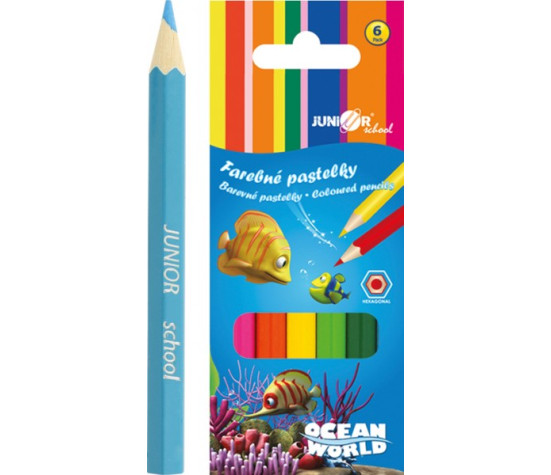 Pastelky barevné dřevo krátké Ocean World šestihranné 6 ks v krabičce 4,5x11x1cm 24ks v krabici